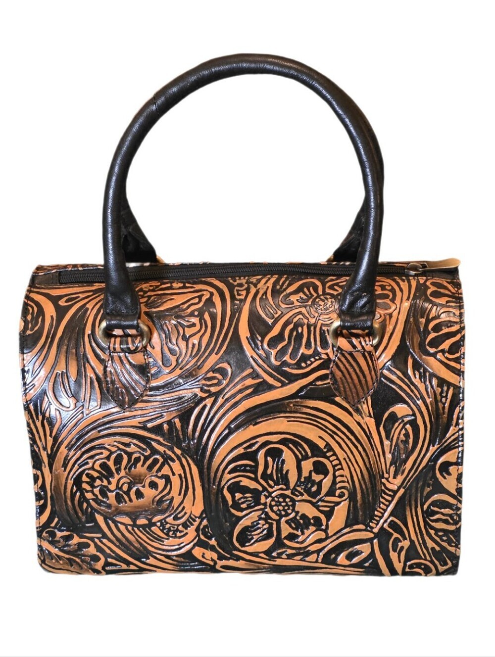 Floral Artisan Leather Speedy Satchel Burnt Copper & Black Western Crossbody